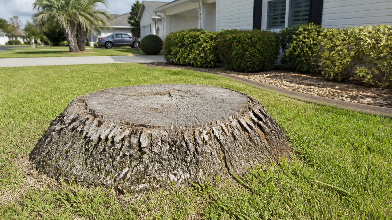 Large oak stump in The Villages Florida yard before grinding